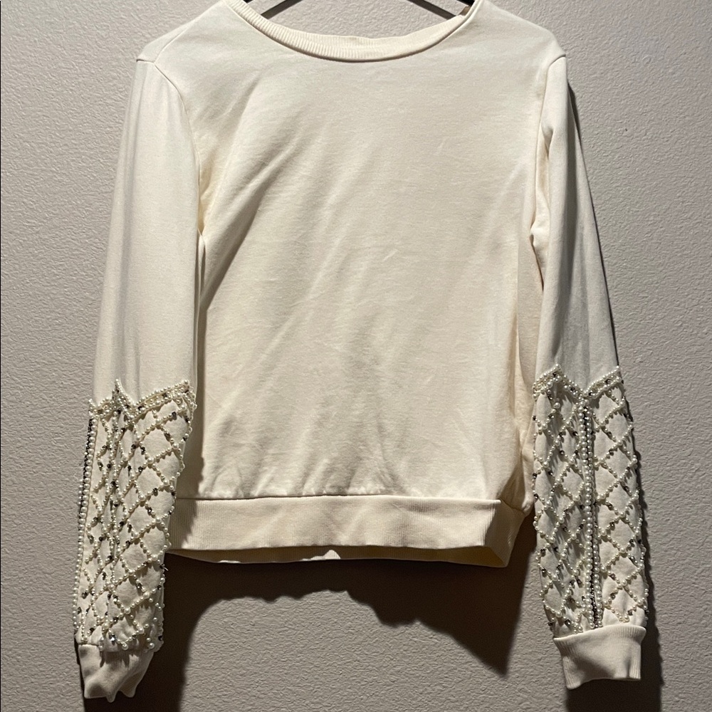 Express Cream Beaded Sleeve Sweatshirt